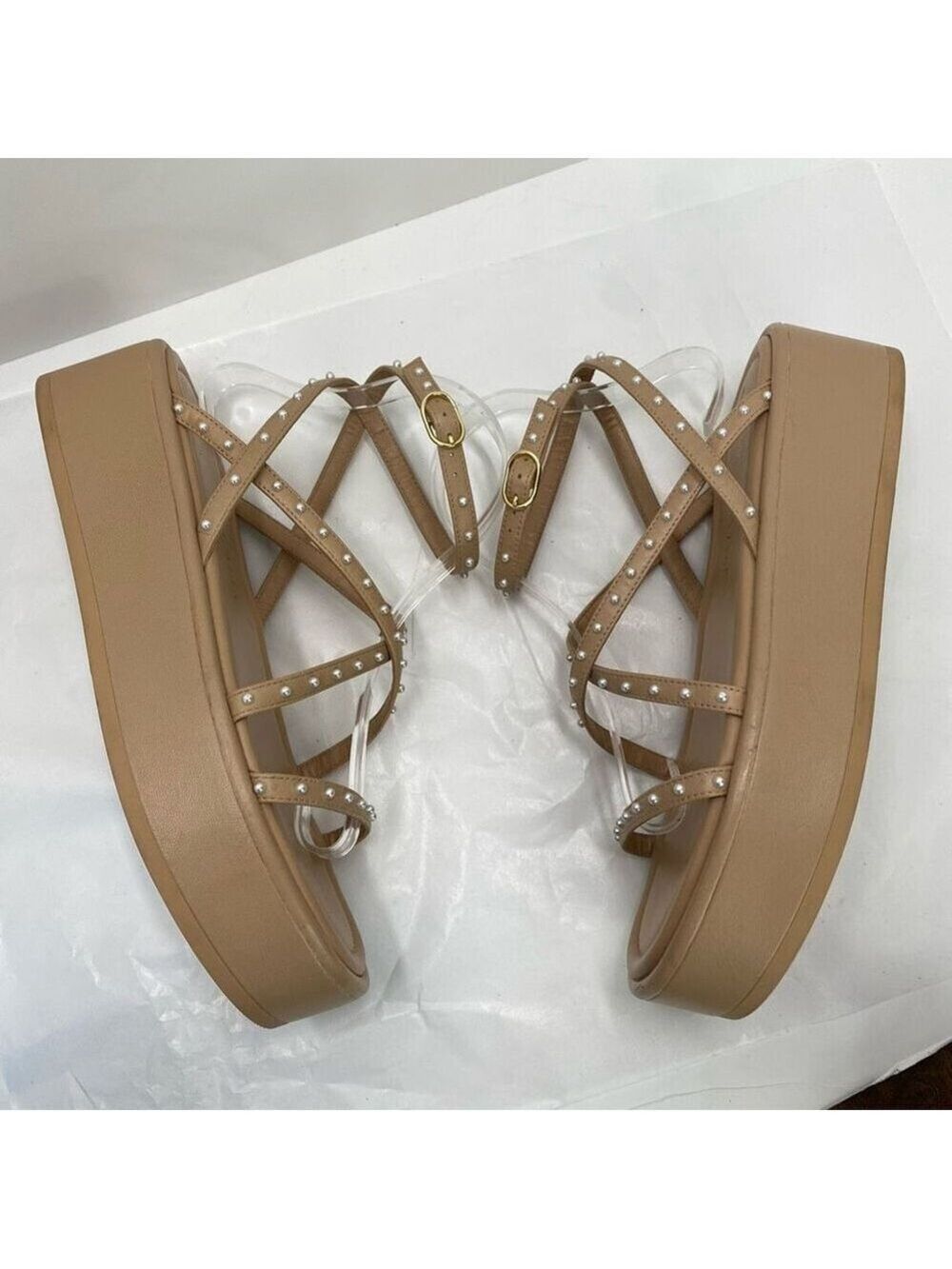 Stuart Weitzman Summerlift faux pearl embellished leather platforms sandals Wome - Picture 4 of 13